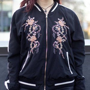 Forever 21 Black Bomber Jacket with Floral Embroidery Size L